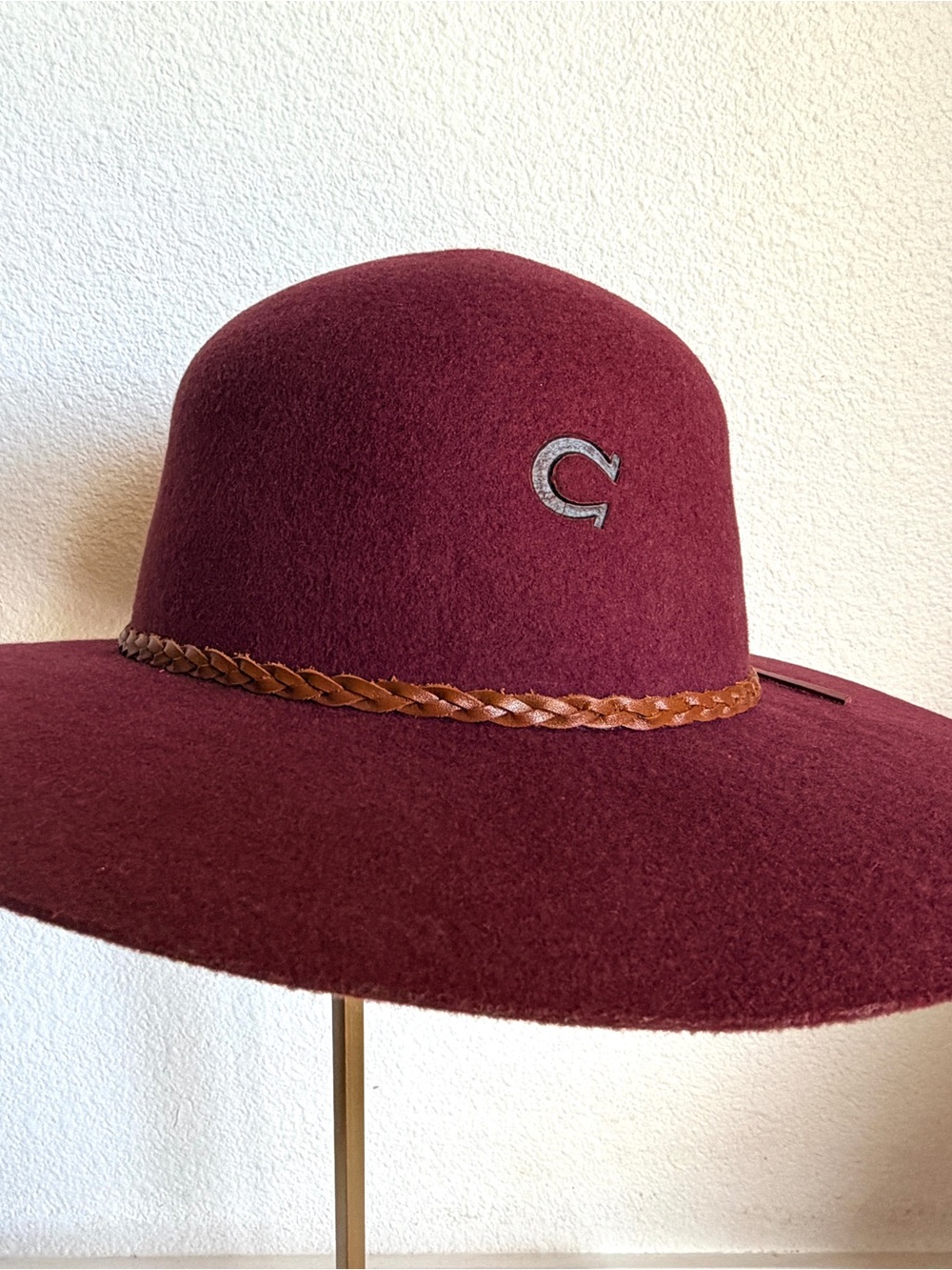Charlie 1 Horse Wide-Brim Felt  Hat in Burgundy with Braided Leather Band